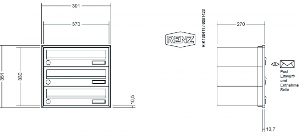 RENZ Briefkastenanlage Unterputz, Schattenfugenrahmen, Kastenformat 370x110x270mm, 3-teilig,